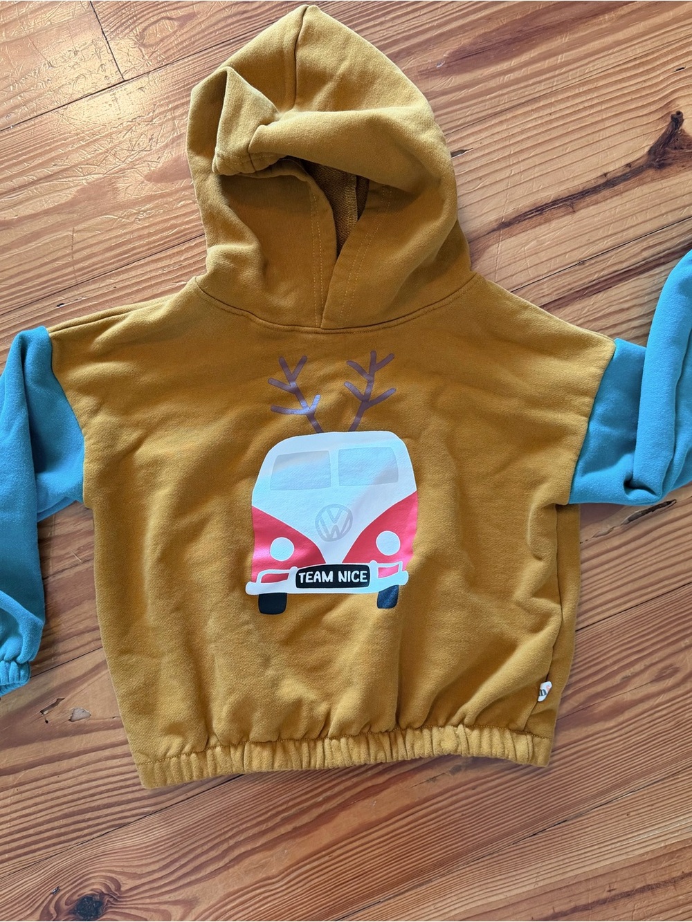 Team Nice Mustard Hooded Sweatshirt with Blue Contrast Sleeves